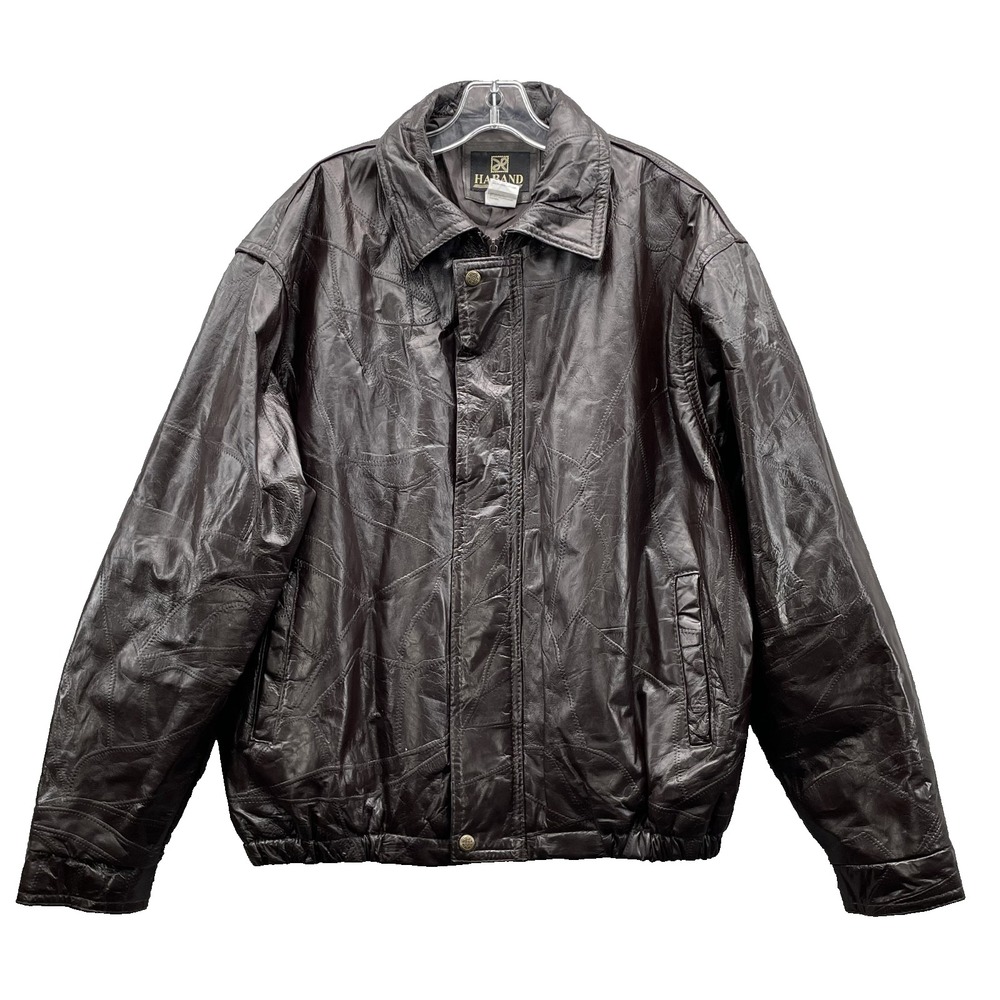 Haband Genuine Leather Jacket Mens XL Brown Coat Moto Biker Punk Rock Bomber 90s